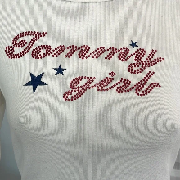 Vtg Tommy jeans Girl top Hilfiger White long sleeve shirt embellished jersey L - Picture 2 of 8